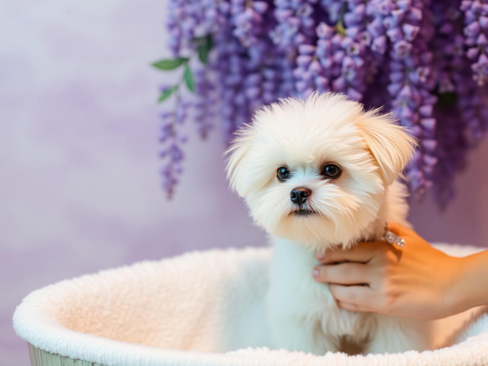 Perro maltés recibiendo mimos en el spa